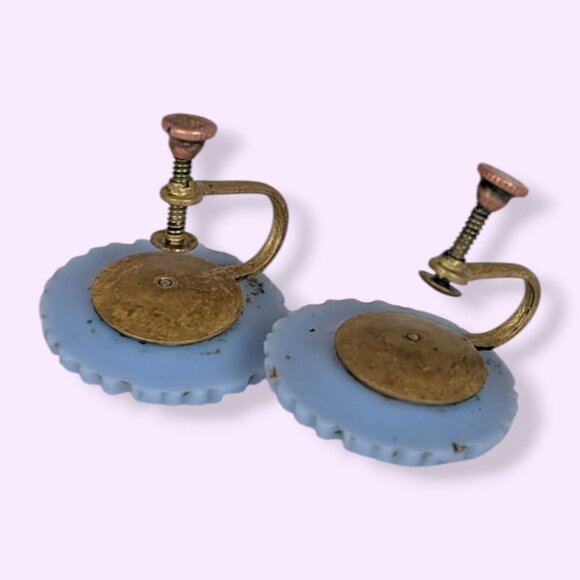 V. Blue Molded Lucite Floral Earrings - Picture 4 of 6